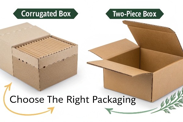 alt text: Stack of corrugated boxes and a separate two-piece rigid box