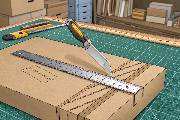 Cutting cardboard with a craft knife and ruler