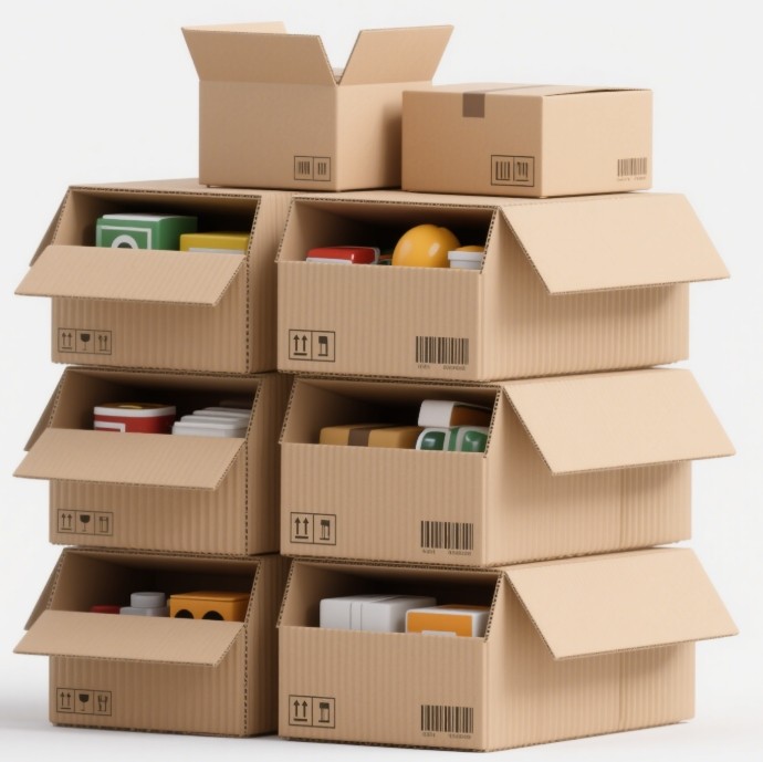 alt text: Corrugated boxes stacked for shipping