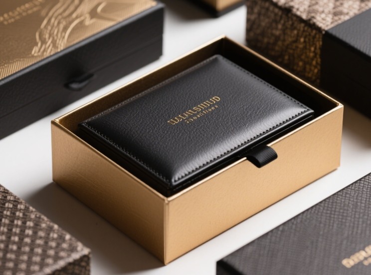 Close-up showing texture of premium wrap paper on a rigid box