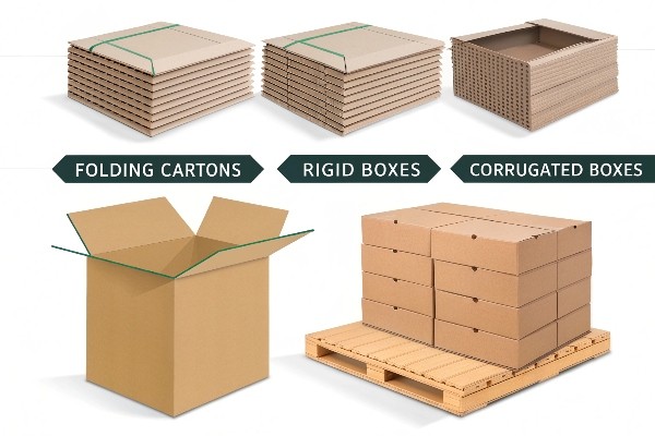 Placeholder comparing folding, rigid, and corrugated boxes side-by-side