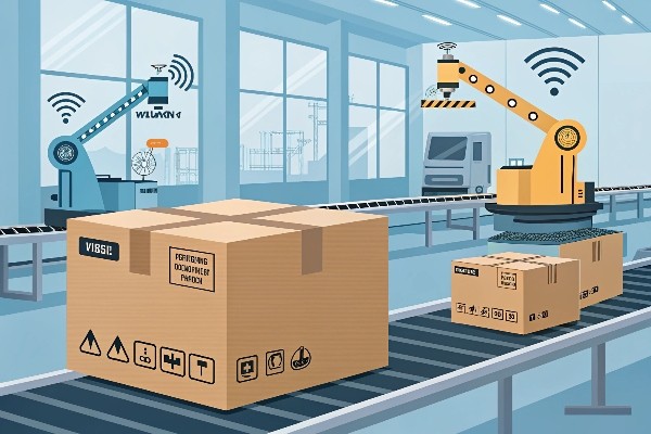 alt text: corrugated box with a digital screen showing tracking info