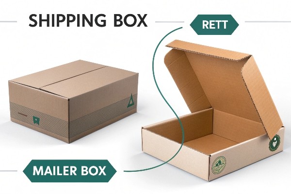 Comparison image showing a typical mailer box and a standard RSC shipping box