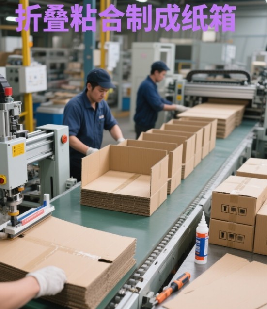 A machine folding and gluing cardboard boxes