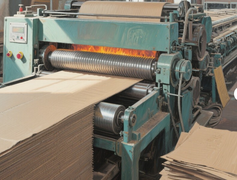 Worker operating a large cardboard box manufacturing machine