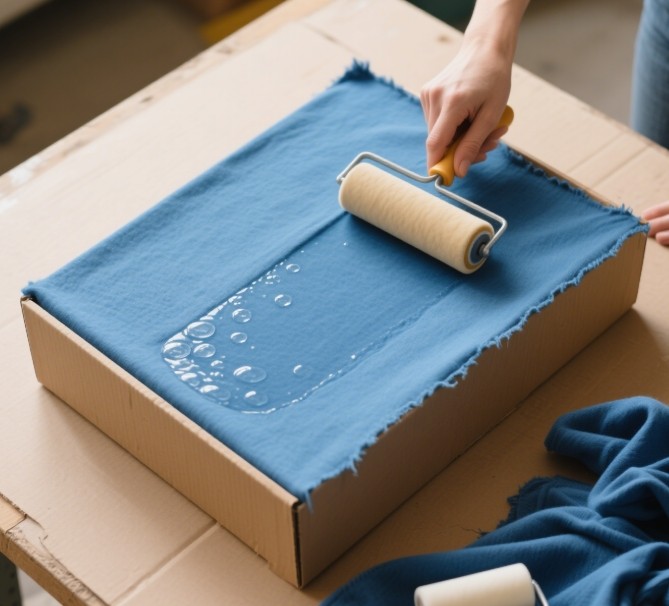 Applying glue to cardboard for fabric