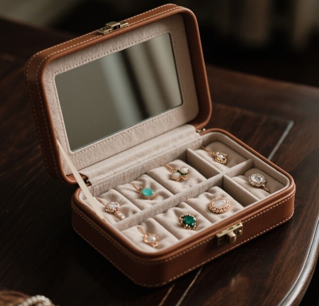 alt text: an elegant rigid jewelry box alongside other organizers