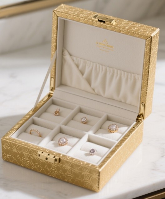 alt text: close-up of different materials used in jewelry boxes like velvet and wood