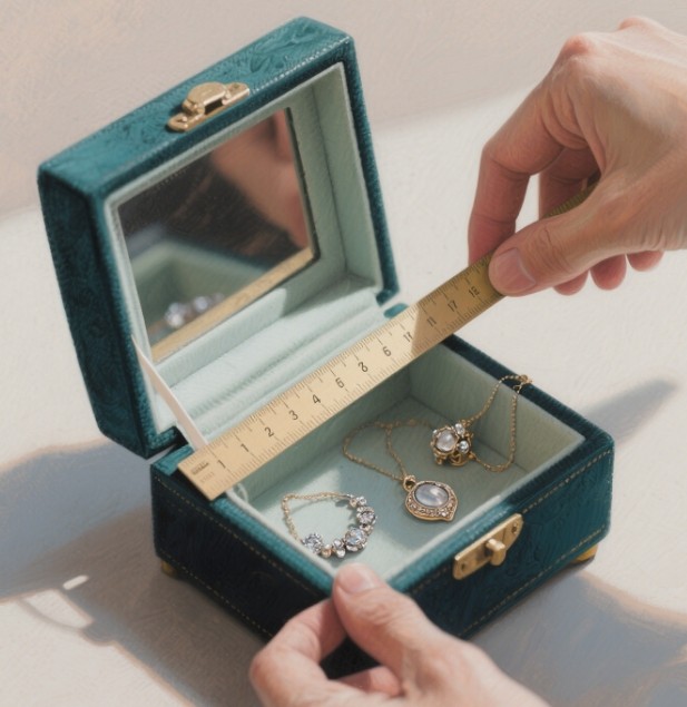 Hands measuring the inside of a jewelry box with a ruler