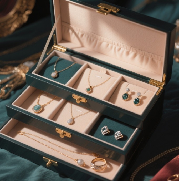 Open jewelry box showing various compartments
