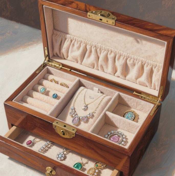 alt text="Jewelry stored neatly in a high-quality, machine-made box"