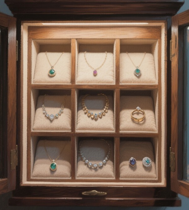 alt text="Jewelry displayed in a luxury box, indicating a safe storage place"
