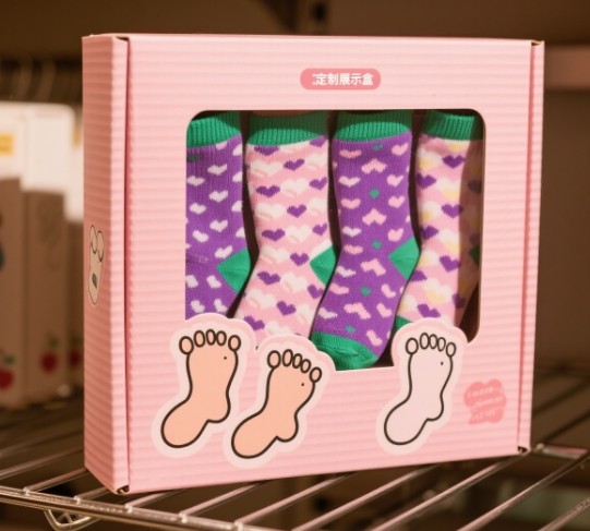 Custom display boxes for socks on a retail shelf
