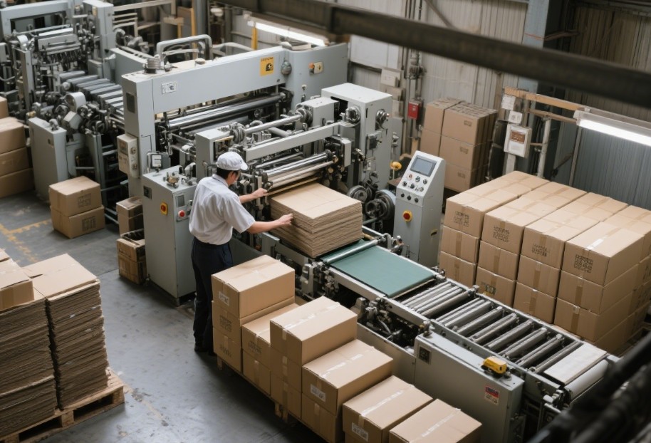 Cardboard boxes on a shelf in a Japanese retail store