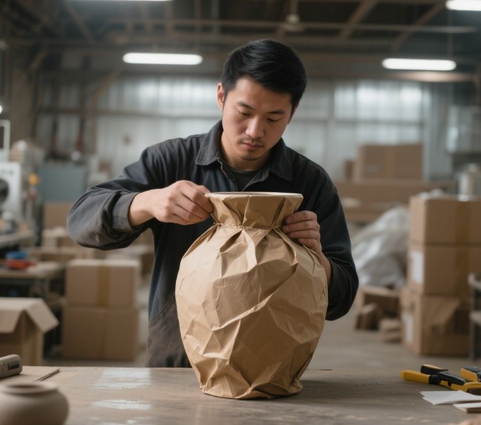 A person securely packing a product into a kraft box