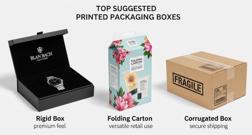 A collection of different printed packaging boxes