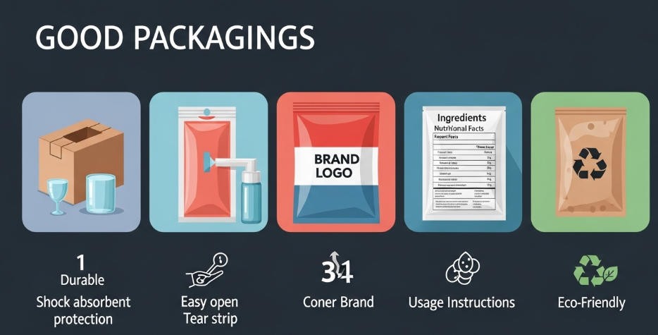 Infographic showing the 5 characteristics of good packaging