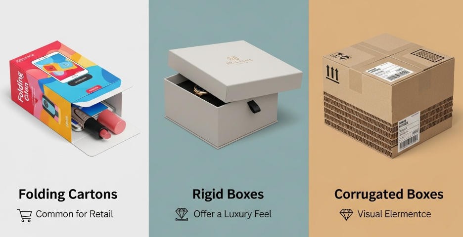 Side-by-side comparison of a folding carton, rigid box, and corrugated box