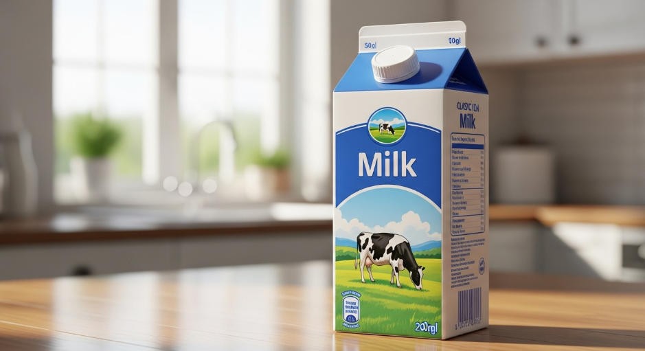 A gable-top milk carton on a kitchen counter.