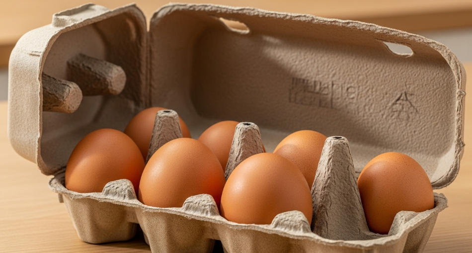 A molded pulp egg carton holding a dozen eggs.