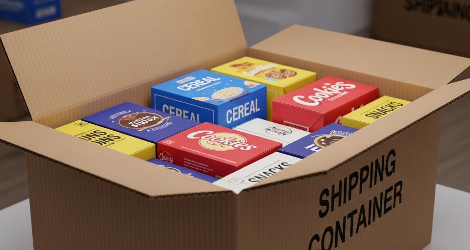An open shipping carton filled with smaller product boxes.