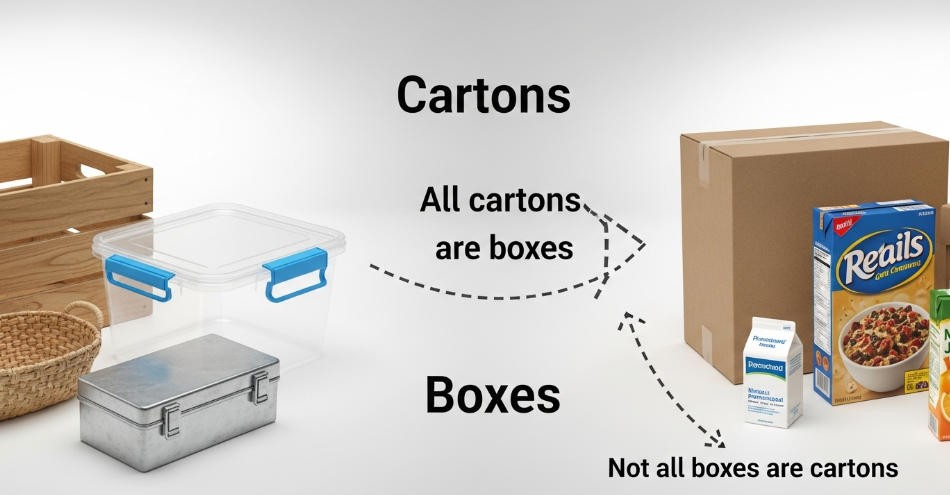 a stack of cartons next to various types of boxes