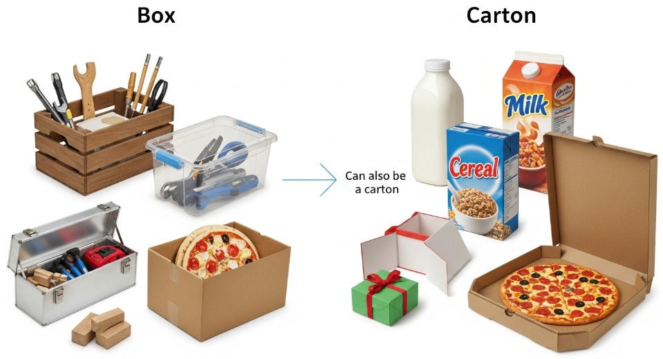 an image showing a wooden box, a plastic box, and a paperboard carton