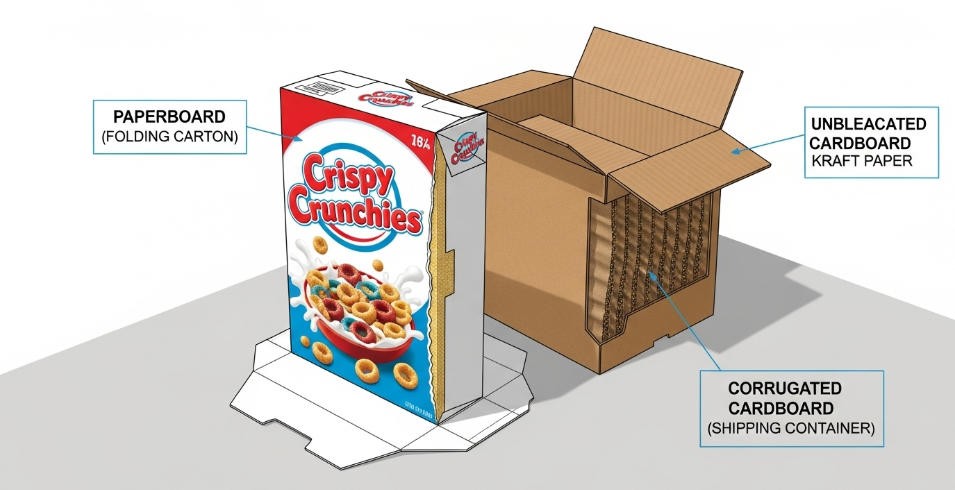 A close-up of a printed cereal box showing the paperboard texture.