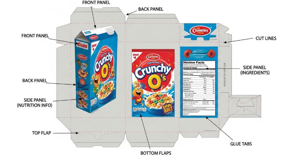 An unfolded, flat die-cut cereal box next to a fully assembled one.