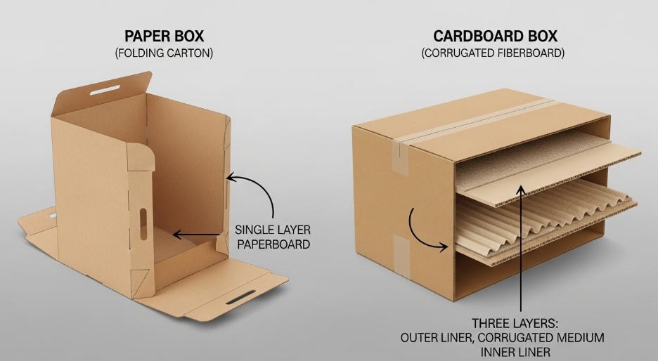 A side-by-side comparison showing the solid edge of paperboard and the wavy flute of corrugated cardboard.