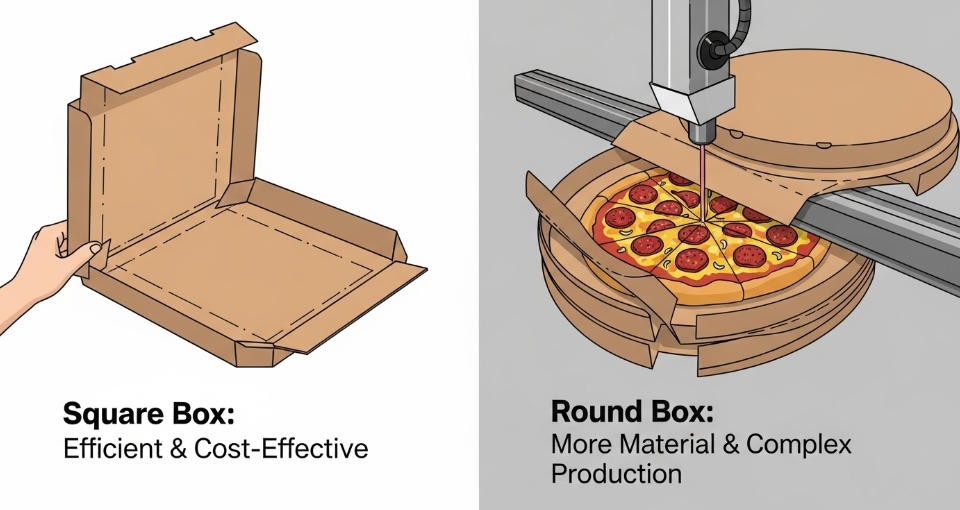 A round pizza inside a traditional square pizza box