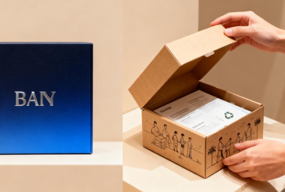 Different styles of branded packaging on a shelf