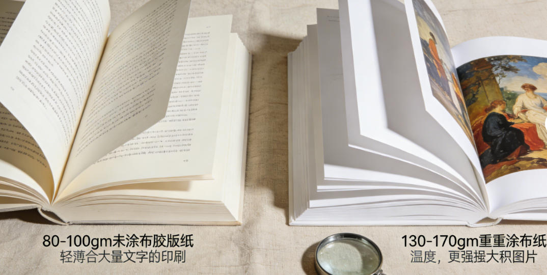 A stack of books showing different paper textures and colors