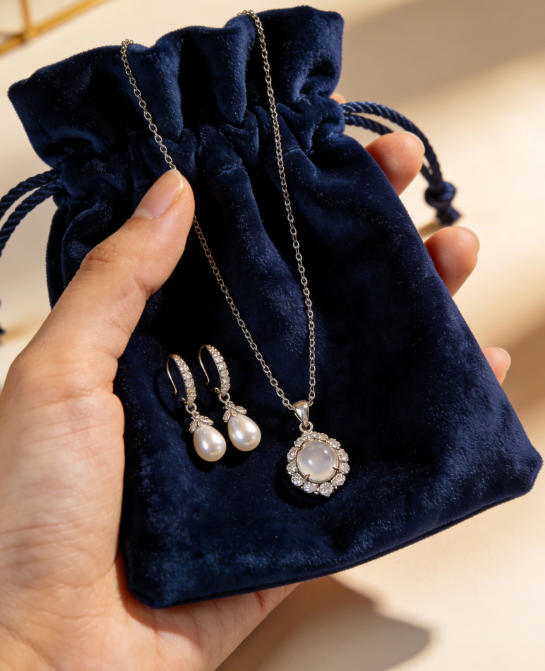 A close-up of a necklace inside a velvet bag