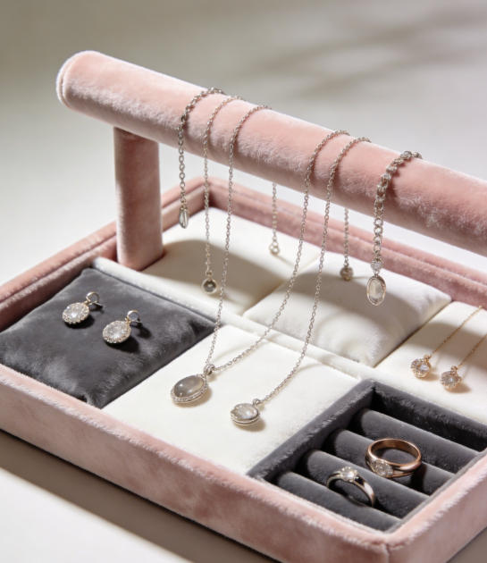 A hand placing a ring into a velvet-lined jewelry box