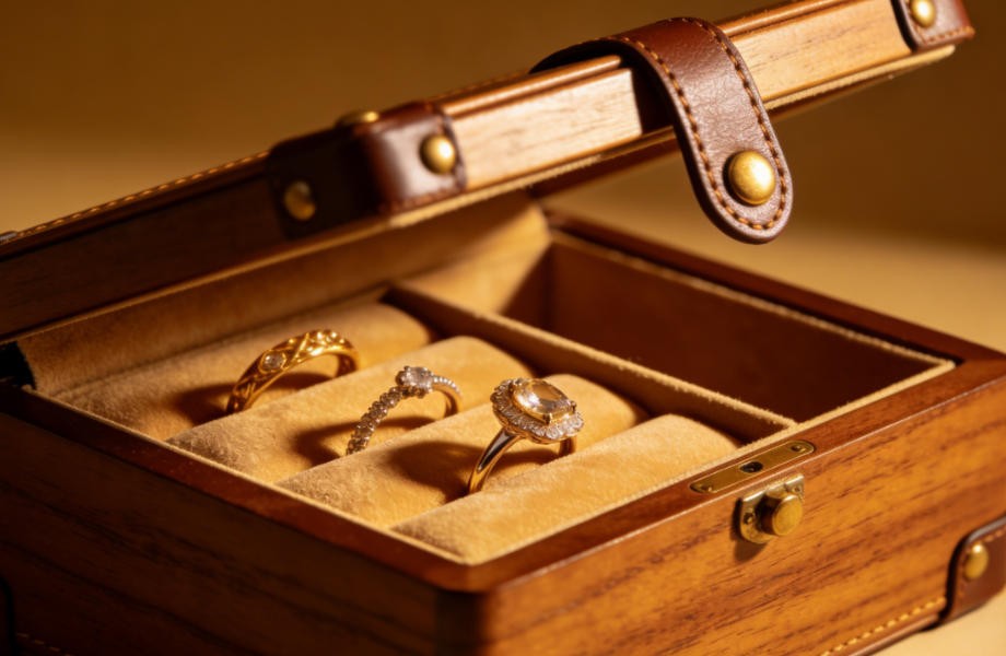 A Louis Vuitton jewelry box on a vanity