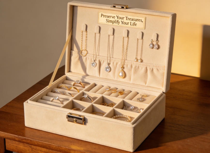 A stylish and organized jewelry box on a dresser