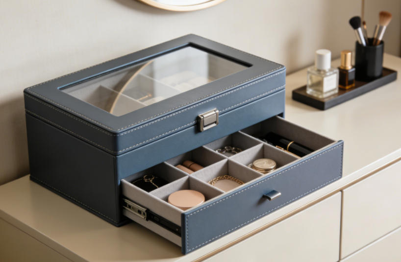 A minimalist white jewelry box with clean lines