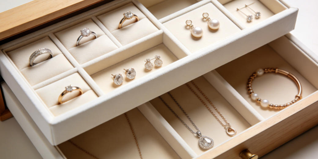 A jewelry box with organized compartments for different items