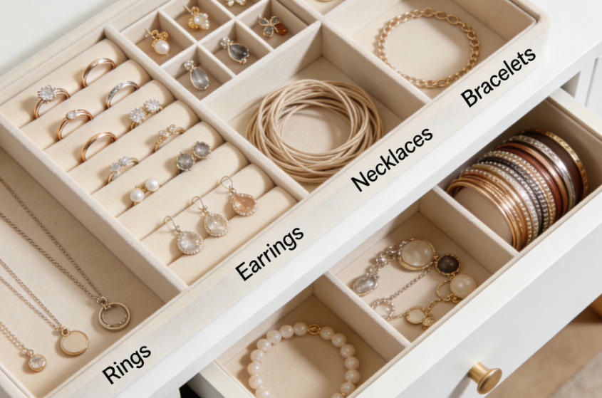 Jewelry organizer drawer with compartments for rings and necklaces