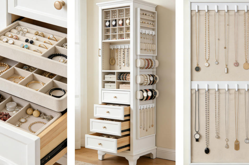 Tall jewelry armoire with multiple drawers and side compartments