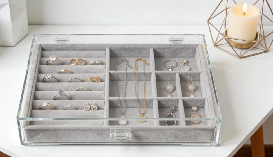Modern glass-top jewelry box with velvet lining