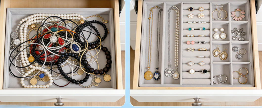 Before and after of a jewelry drawer with and without an organizer