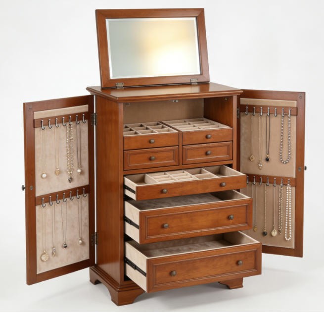 Elegant wooden jewelry armoire standing in a bedroom corner