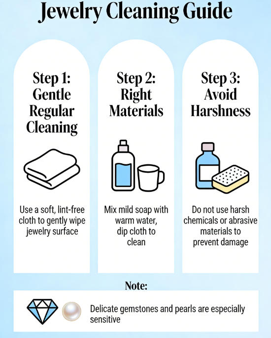 A person gently cleaning a necklace with a soft cloth