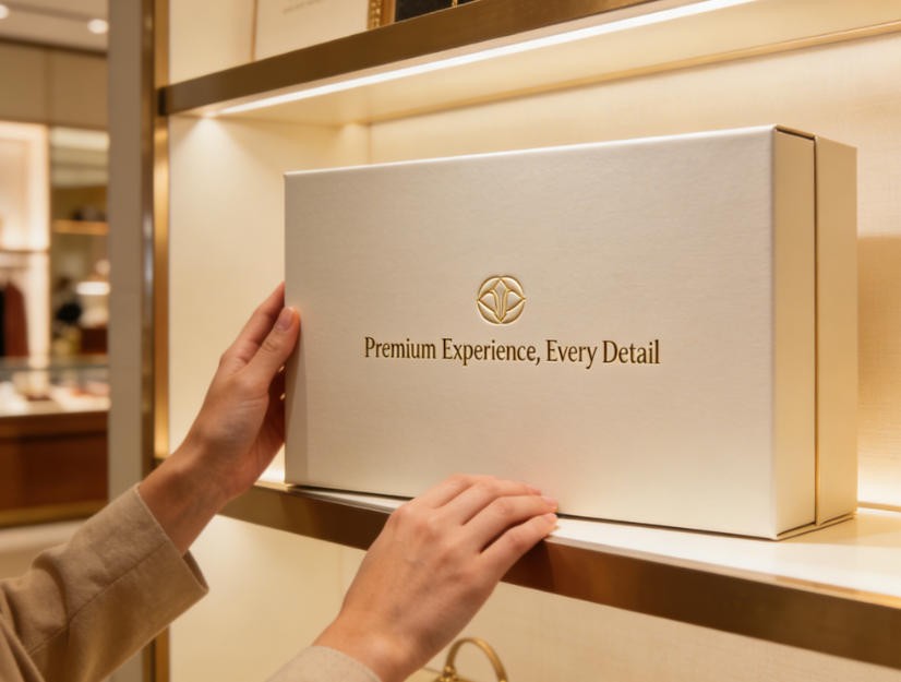 A customer receiving a beautifully packaged jewelry box