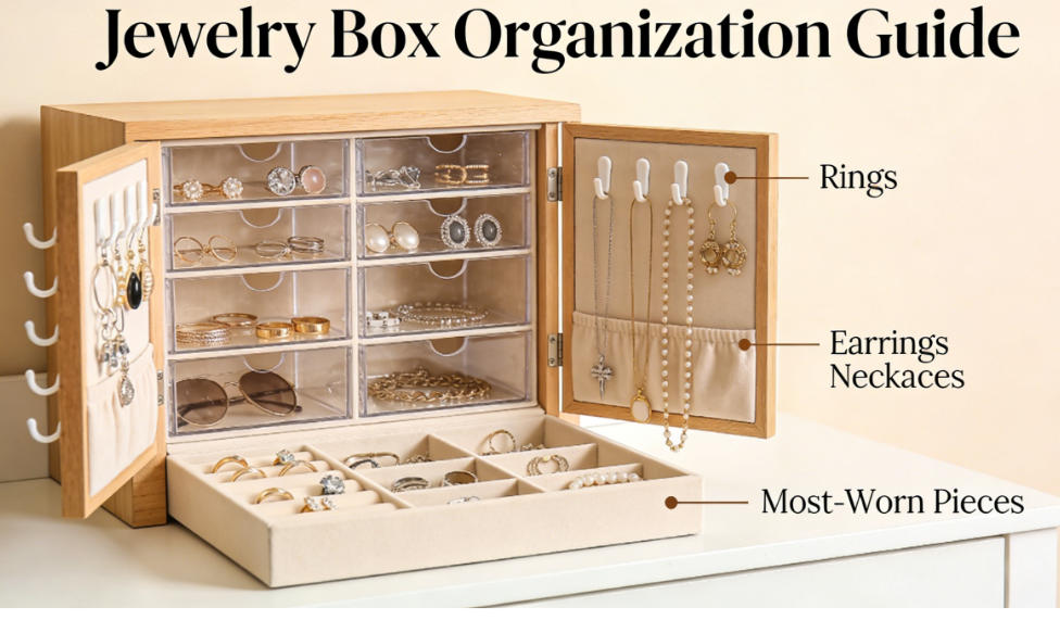 A well-organized jewelry box with different compartments for rings, necklaces, and bracelets.