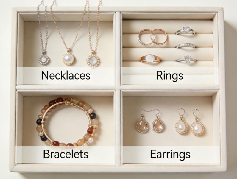Jewelry arranged by type in a box.