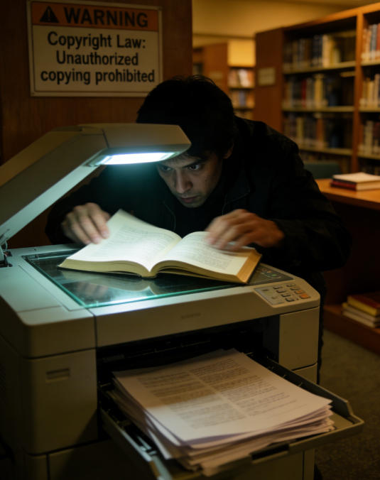 A photocopier with a large 'X' over it