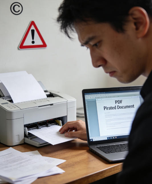 A printer printing a book from a PDF file with a warning sign